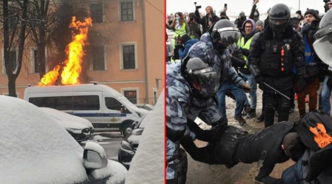 Rusya'da Navalny protestolarında gerilim tırmanıyor! Polis arabasını ateşe verdiler