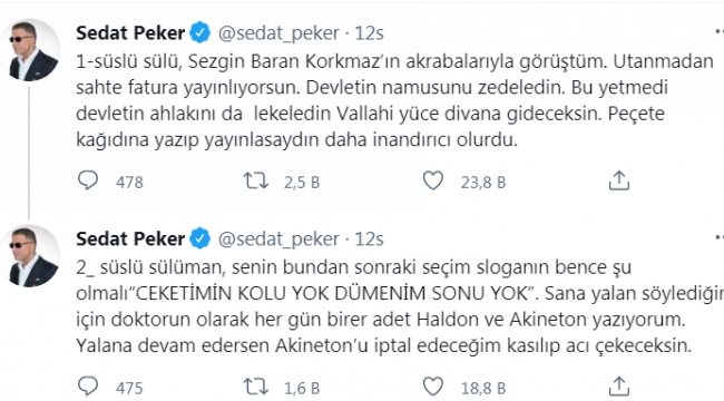 Peker'den Soylu'ya slogan önerisi! Ceketimin kolu yok...