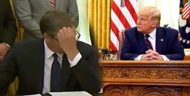 Dünya bu anları konuşuyor! Sırbistan Cumhurbaşkanı, imzaladığı maddeyi Trump söyleyince fark etti